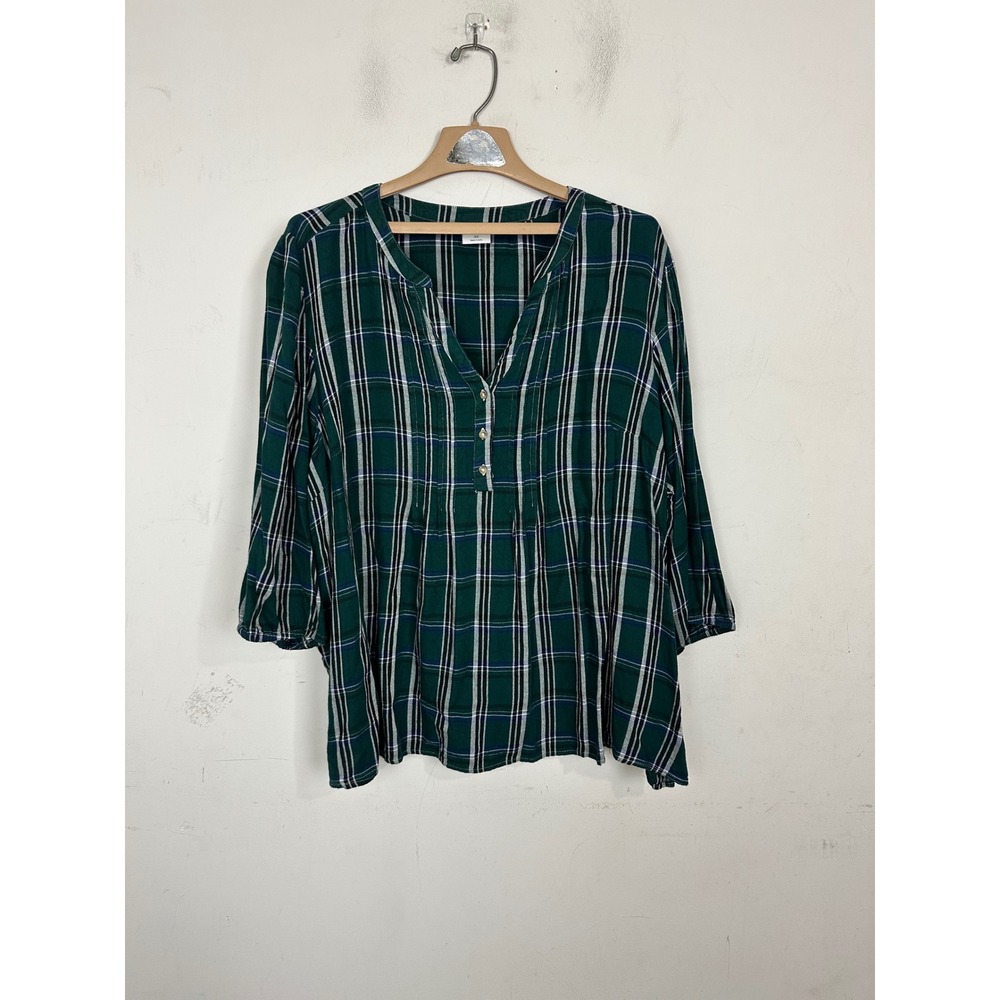 Croft & Barrow Green Plaid Henley Tunic Blouse 3/4 Sleeve Rayon Womens 3X